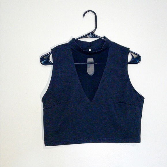 Tops - Black Cropped Mesh V-Neck Top